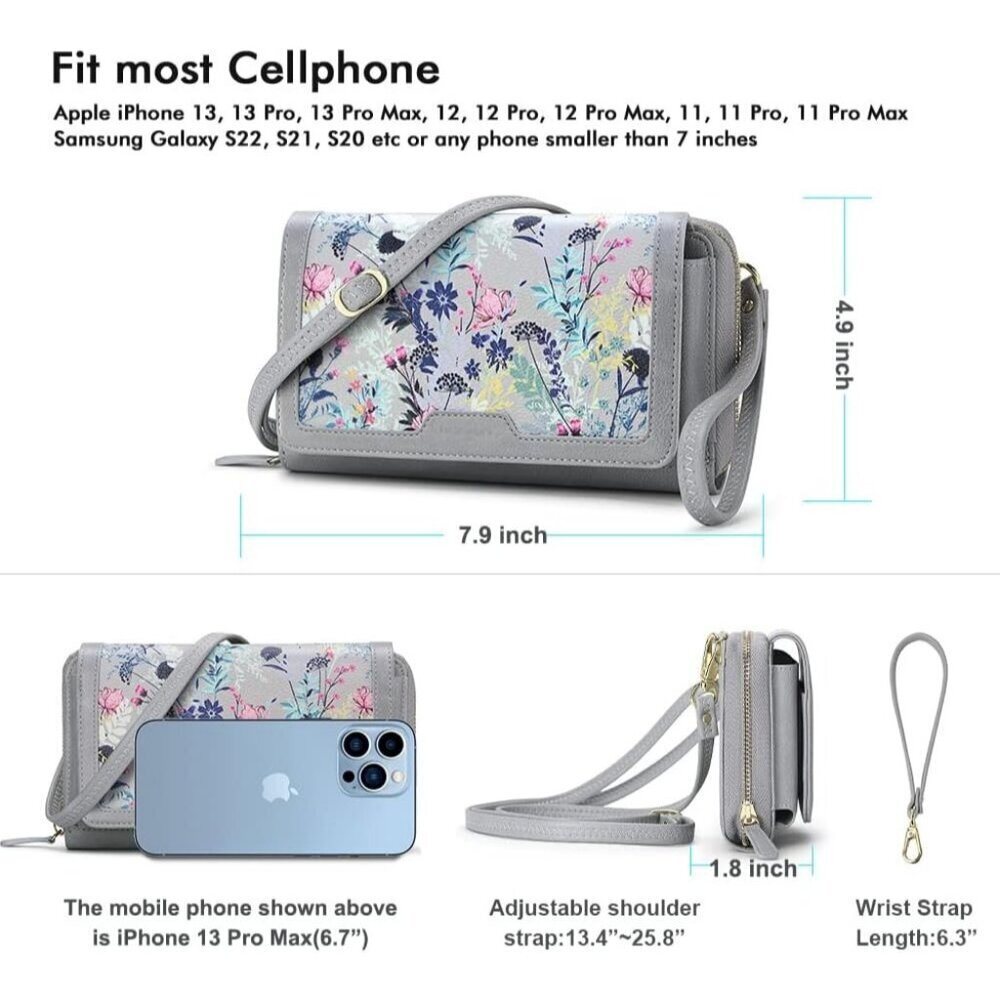 Women’s 19-grey With Grey Flora Leather Imported Zipper Purses Crossbody Bag - Picture 6 of 7